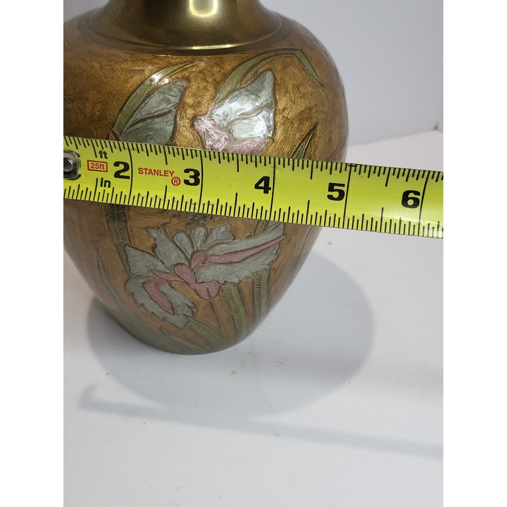 Vintage Brass Floral Vase Hand Painted Enamel Etched Made in India Boho Decor - Picture 10 of 10
